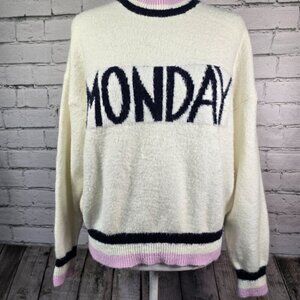 WOMENS CODE MODE PULLOVER "MONDAY" SWEATER CREAM STRIPED WAISTBAND AND CUFF MED